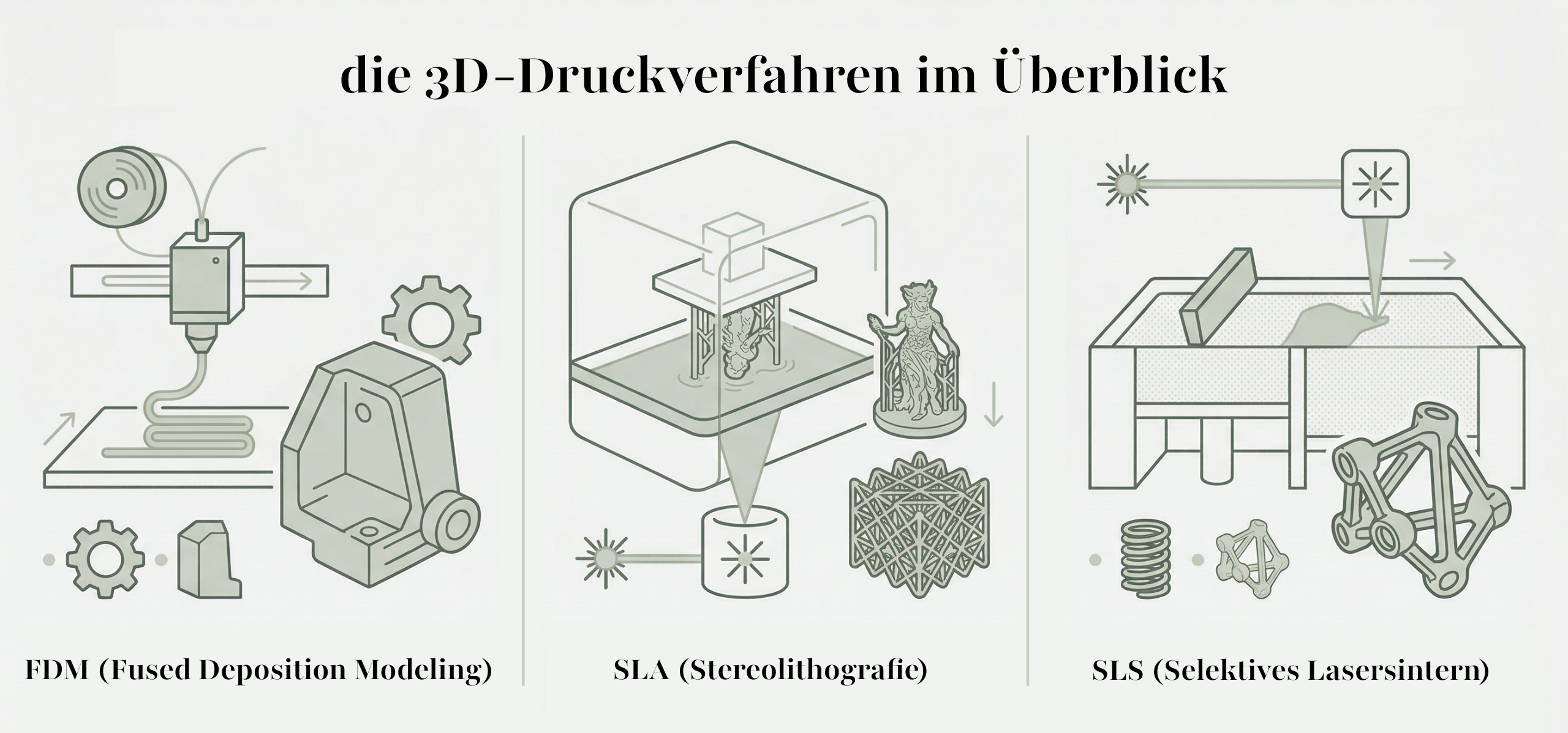 Infografik von MurDruck 3D Graz zum &Uuml;berblick der g&auml;ngigen 3D-Druckverfahren: FDM (Fused Deposition Modeling), SLA (Stereolithografie) und SLS (Selektives Lasersintern) mit technischen Illustrationen.